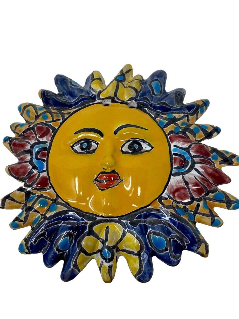 Mexican Sun Face Folk Art Talavera Pottery Hand Painted 6.5” Wall Plaque Decor